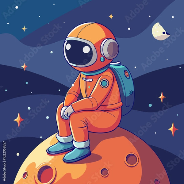 Fototapeta A whimsical digital illustration of a cartoon astronaut sitting on a tiny, cratered moon