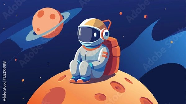 Fototapeta A whimsical digital illustration of a cartoon astronaut sitting on a tiny, cratered moon
