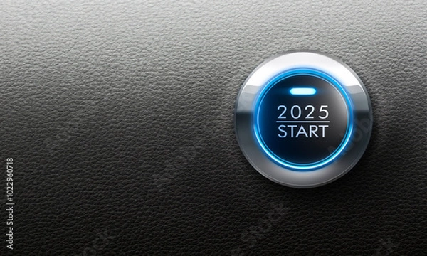 Fototapeta Blue illuminated start button year 2025 with black leather background - 3D illustration