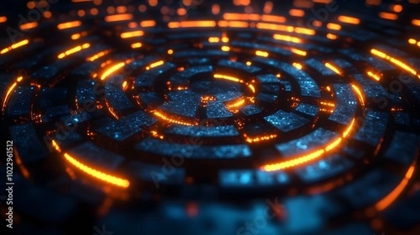 Fototapeta Circular labyrinth with glowing neon lines, symbolizing enlightenment, futuristic style, holographic reflections, AI-inspired design, dark blue background