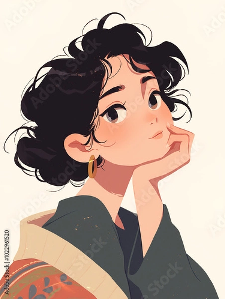 Fototapeta A Cute Cartoon Boy with Brown Curly Hair and Big Eyes, Wearing Green Clothes, Contemplating with Hand on Chin, Against a Solid Background