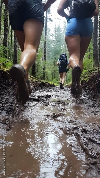 Fototapeta A close-up of people hiking on an adventurous trail, one with a backpack and the other wearing shorts, both running quickly in their shoes, surrounded by a dense forest and a misty atmosphere