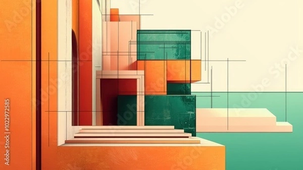 Fototapeta Abstract Geometric 3D Architecture Header With Linear Design Elements Architectural Wireframe And Blueprint Drawing And Sketch With Retro Aged Look In Orange And Green Colors