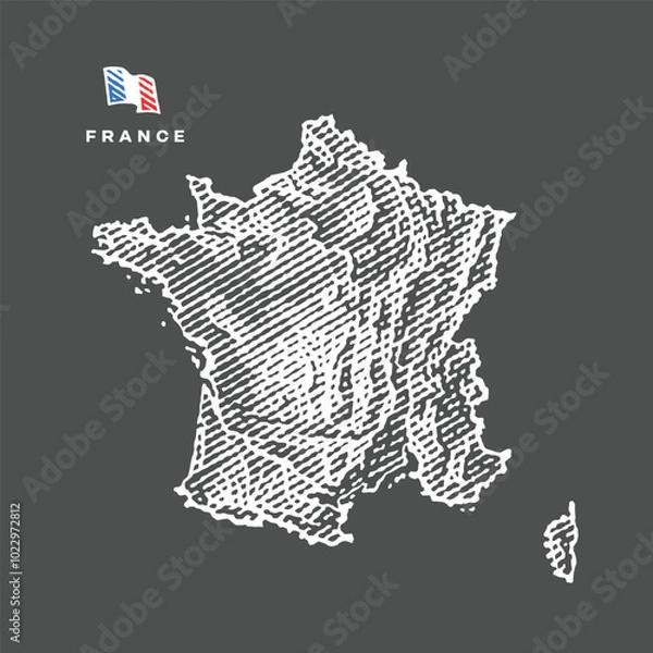 Fototapeta Map of FRANCE in engraved style, white in black background. Hand drawn engraving style illustrations. Etched vector illustration.