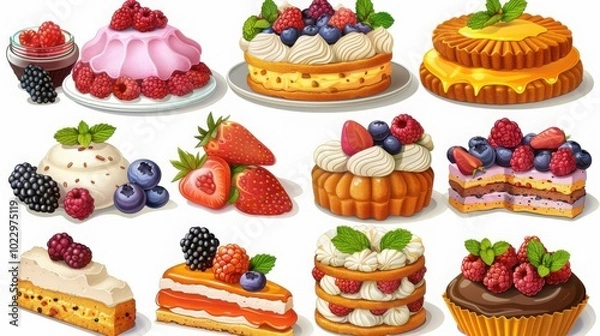 Fototapeta A selection of fruit-based desserts featuring cakes, tarts, and pastries adorned with fresh berries and fruit toppings, presented on a white background.

