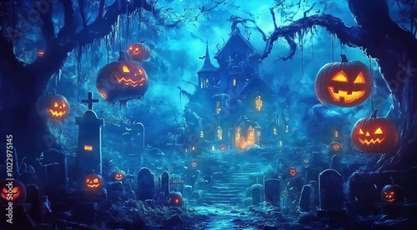 Fototapeta Halloween night background with pumpkins, lanterns, and a haunted house in the style of digital airbrushing cartoon, in dark orange and light blue, with detailed foliage, full moon lighting, 