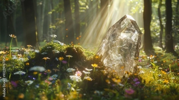 Fototapeta A crystal shines in a vibrant forest, surrounded by colorful flowers and gentle sunlight. Nature’s beauty captivates with peace.