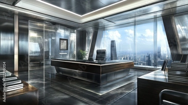 Obraz Modern office with sleek design, large windows, and a city view.