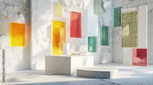Fototapeta 3D rendering of an abstract background featuring fragmented white cobblestones ruins and floating colorful glass blocks A contemporary minimalist display with a vacant podium for product showcase