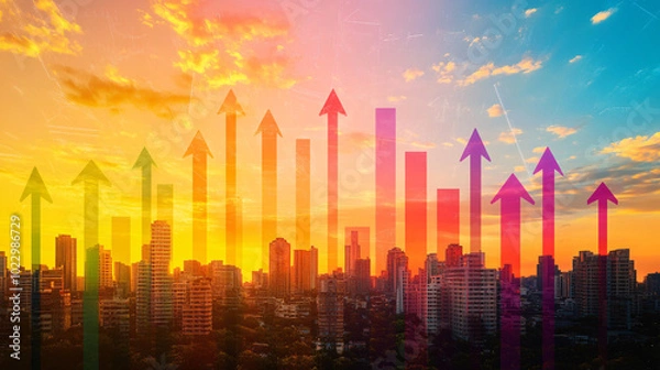 Obraz Cityscape with Rising Arrows and Sunset Sky