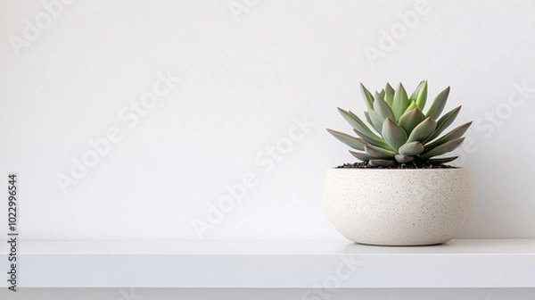 Fototapeta Succulent in a neutral-toned pot on a white shelf. The clean wall and absence of other objects emphasize simplicity and negative space