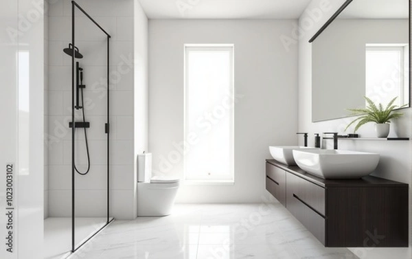 Fototapeta Modern minimalist bathroom with a glass shower. White walls, a glass shower, and stylish wooden furniture with black accents create a sense of cleanliness and simplicity