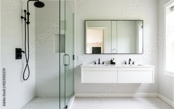 Fototapeta Stylish Scandinavian-style bathroom. A bright bathroom with wooden accents, a glass shower, and black accessories, focusing on functionality with a minimalist touch.