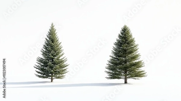 Fototapeta A single spruce tree stands out against a white backdrop. You can also see a fir, pine, and another spruce tree, all separate from the background. One of the spruce trees is shown from the side.