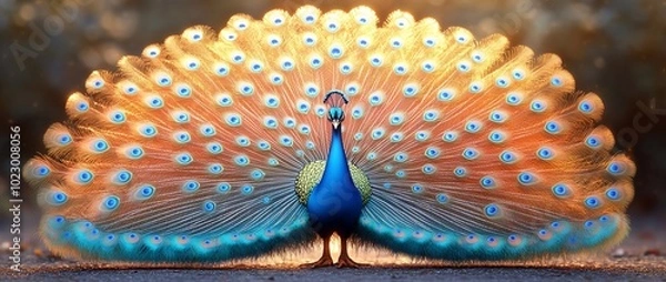 Fototapeta A vibrant peacock displaying its colorful feathers in a captivating pose.