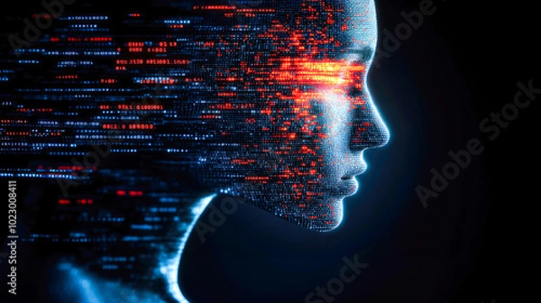 Fototapeta A side profile of a humanoid face is illustrated using red binary code, embodying digital integration creatively and futuristically.