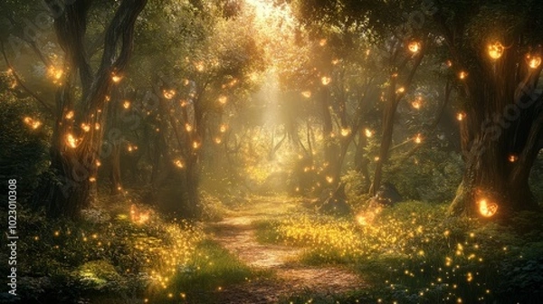 Fototapeta Concept art of an enchanted forest glowing with mysterious lights and magical creatures.