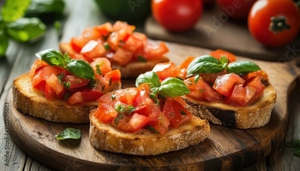 Obraz Delicious bruschetta topped with fresh tomatoes and basil served at a rustic wooden table