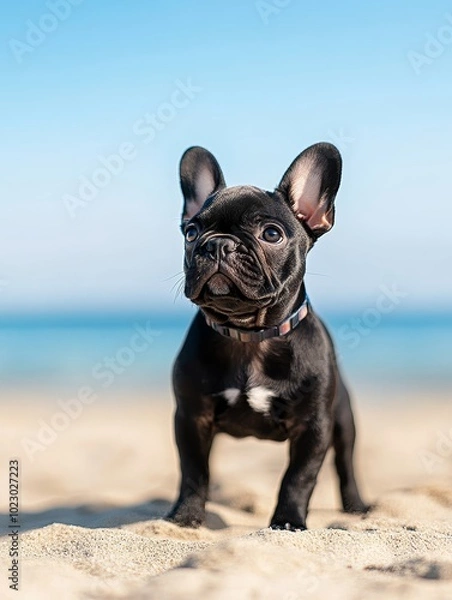 Fototapeta A playful black French Bulldog standing on sandy beach under a clear blue sky near the ocean during daytime