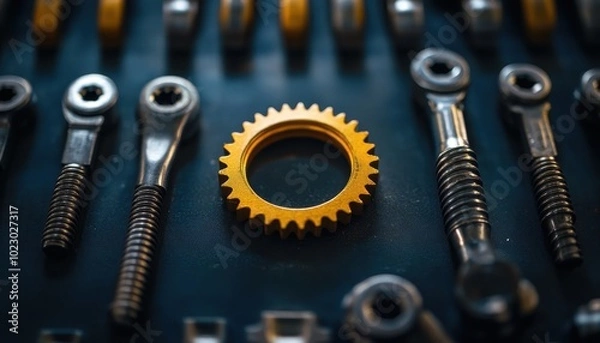 Fototapeta Customer service tools displayed on a workbench with various components and accessories