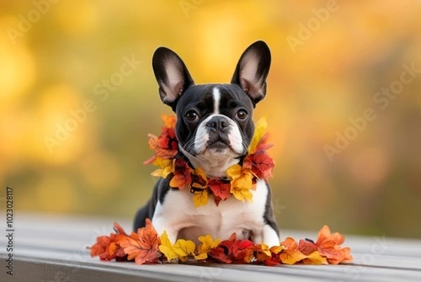 Fototapeta A cute French Bulldog adorned with autumn leaves rests on a wooden surface in a vibrant fall setting