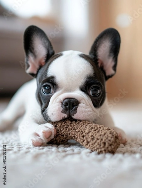 Fototapeta Playful French Bulldog enjoys chewing on a soft toy in a cozy indoor setting during the afternoon