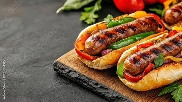 Obraz Grilled sausages with caramelized onions and bell peppers, served on a toasted bun, classic street food, comfort food