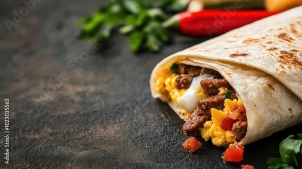 Obraz Sausage breakfast burrito filled with eggs, cheese, and salsa, wrapped in a warm tortilla, morning meal, street food