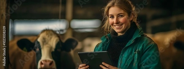 Fototapeta A female farmer, smiling at the camera, holds a digital tablet in a cow barn