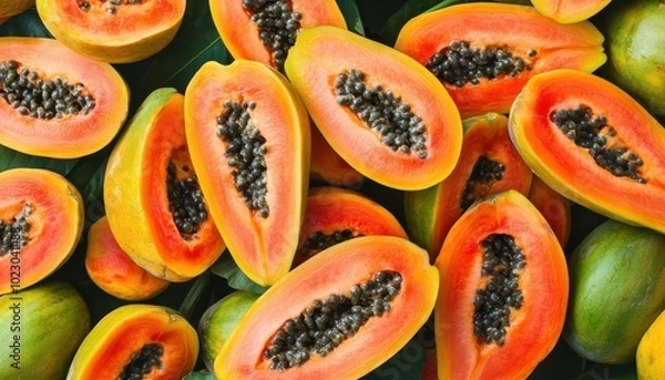 Fototapeta Fresh and ripe papaya slices showcasing a vibrant tropical delight at a local market