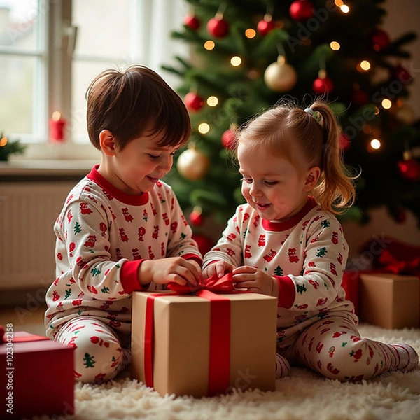 Fototapeta Happy Children in Pajamas Opening Presents in Front of Christmas Tree