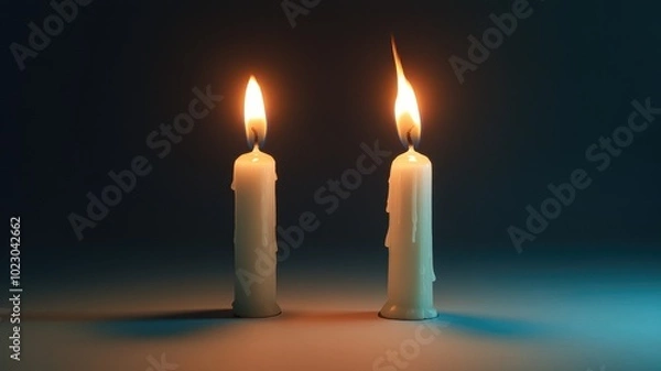 Fototapeta Two lit candles on dark surface casting soft glows, creating tranquil atmosphere
