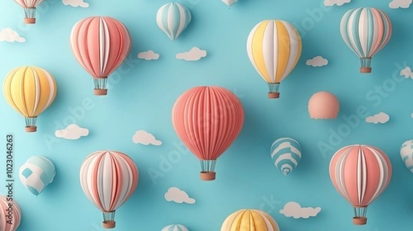 Obraz Different colored 3D hot air balloons in a repeating pattern, against a soft, feathered paper texture background, creating a light