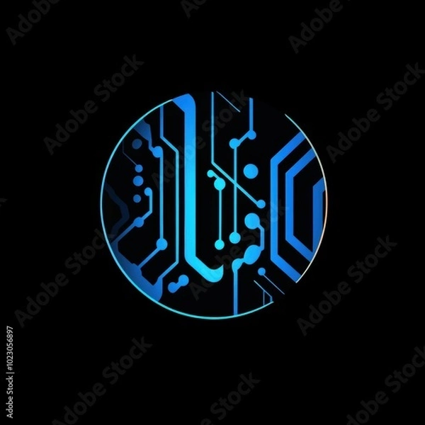 Fototapeta A glowing blue and cyan circular circuit board on a black background. The image represents concepts of technology, connectivity, digital data, and science.