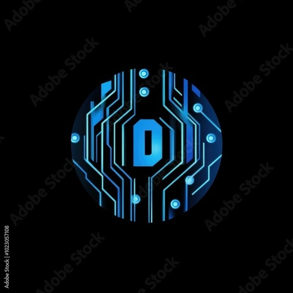 Fototapeta A vibrant blue abstract circuit pattern is encased in a geometric circular shape. It symbolizes scientific research, development, and groundbreaking discoveries in fields like biotechnology or robotic