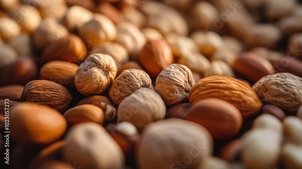 Fototapeta A close-up view of a bountiful harvest of walnuts. It represents the abundance of nature and the concept of a successful agricultural harvest