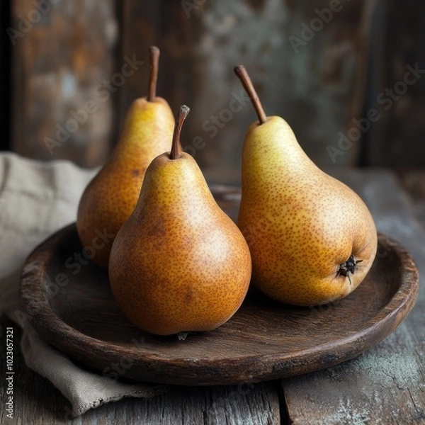 Fototapeta Three ripe, rustic pears on a wooden plate and a wooden surface. This image represents concepts of fresh, natural food, autumn harvest, and simple, healthy eating.