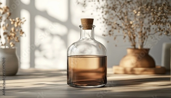 Obraz Elegant glass bottle mockup featuring natural light and floral decor in a serene indoor setting