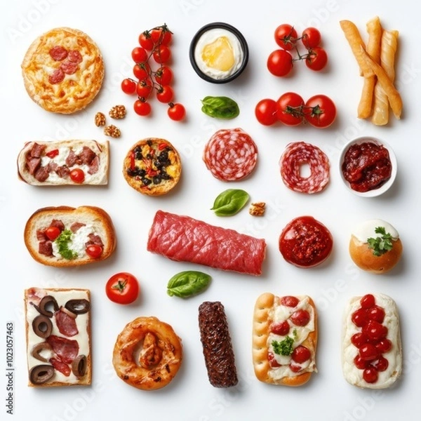 Fototapeta A vibrant flat lay of a variety of party appetizers on a bright white background. The image showcases small, savory snacks perfect for a social event or celebration