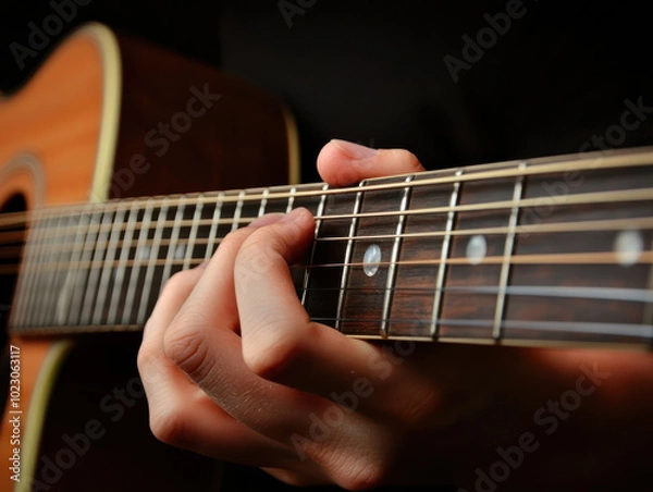 Fototapeta Person's fingers pressing chords on an acoustic guitar