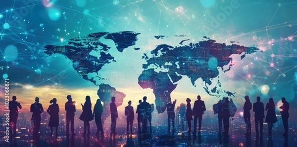 Fototapeta Silhouettes of business people standing in front of a world map with a network of connections.