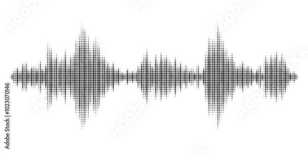 Fototapeta Black halftone vector sound waves flow isolated on a white background. Waveform pattern for music, dictaphone, podcast, voice message, or social media background. Spectral music frequency illustration