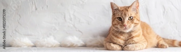 Fototapeta A charming ginger cat relaxing on a soft surface, showcasing its playful and curious personality in a cozy setting.