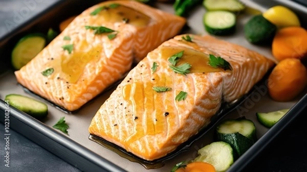 Fototapeta Two raw salmon fillets with glaze in a baking pan, surrounded by sliced zucchini and colorful bell peppers.