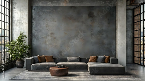 Fototapeta Modern living room with industrial design and cozy seating.