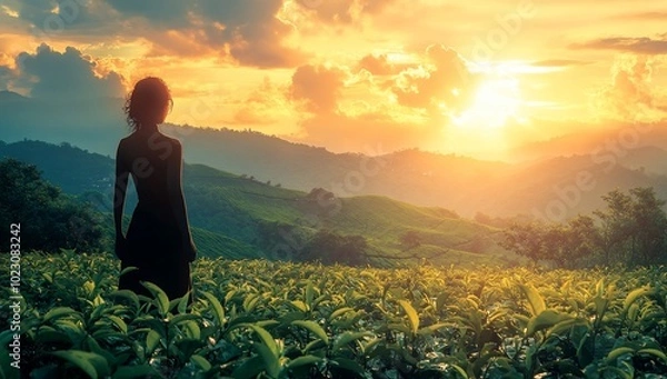 Fototapeta A silhouette of a person in a tea field at sunset, surrounded by lush hills and clouds.