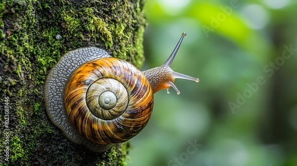 Fototapeta A close-up of a snail with a spiral shell climbing a mossy tree trunk in a lush green forest.