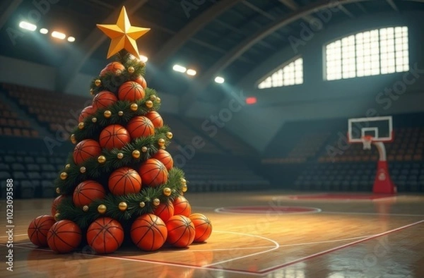 Obraz New Year's tree made of basketballs, decorated with fir branches, Christmas balls, gold star. Empty gymnasium in blur. Creative holiday concept, advertising banner,card