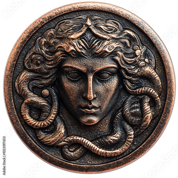 Obraz A copper metallic medusa head engraved medallion on an isolated background