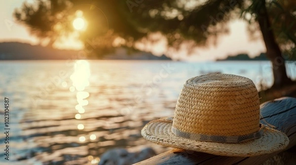 Fototapeta A straw hat on a wooden deck at sunset